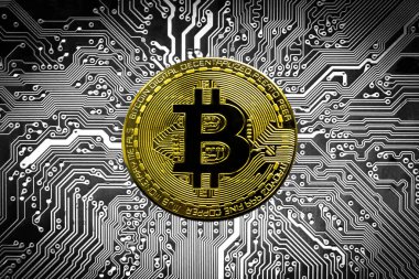 Bitcoin BTC kripto altın sikkeler bir anakart üzerinde, yeni sanal para kavramı. Madencilik ya da engelleme teknolojisi