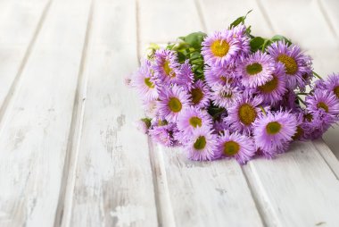 Beyaz ahşap zemin üzerinde buket Bahçe krizantem