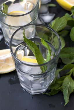 buz ve limon, nane ve buz üstünde siyah bir arka plan ile gözlük