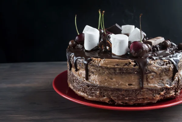 Big chocolate cake with chocolate frosting — Stock Photo, Image