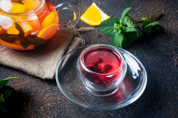 Frutas Con Sabor Casero Taza Vidrio Tetera Con Naranja Limón —  Fotos de Stock