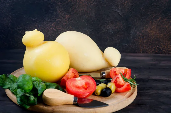 Homemade Cheesy Pasta Filata Provolone Wooden Board Plate Wooden Background — Stock Photo, Image