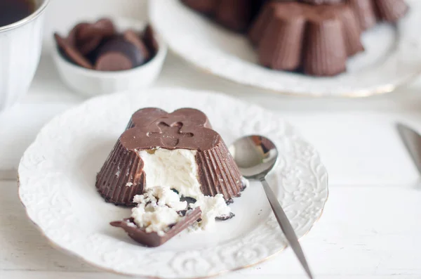 Coalhada Queijo Vitrificada Caseira Com Chocolate Xícara Café Café Manhã — Fotografia de Stock