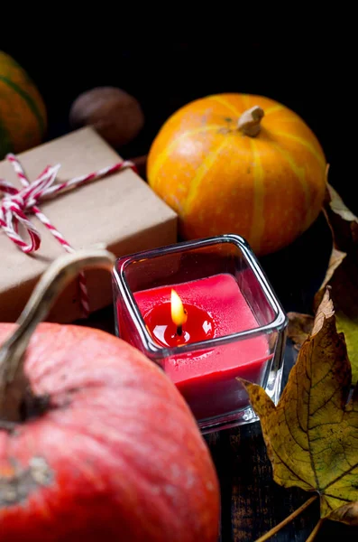 Autumn Composition Candles Pumpkins Autumn Leaves Cup Tea Dark Wooden — Stock Photo, Image