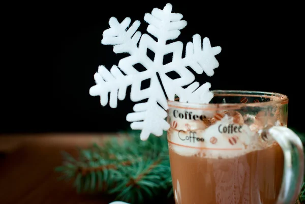Bir fincan sıcak çikolata şekerleme ve arka planda köknar dalı dekoratif kar tanesi. Noel kartı