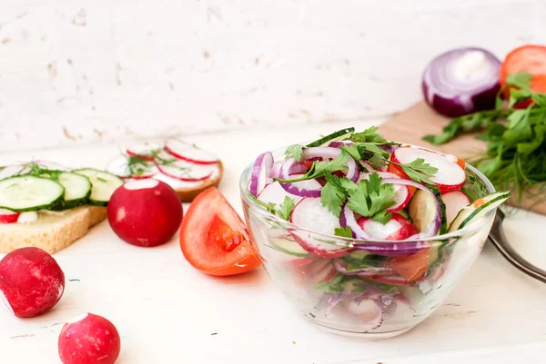 Spring salad with radishes, cucumber, cabbage and onion close-up — Stock Photo, Image