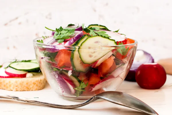 Spring salad with radishes, cucumber, cabbage and onion close-up — Stock Photo, Image