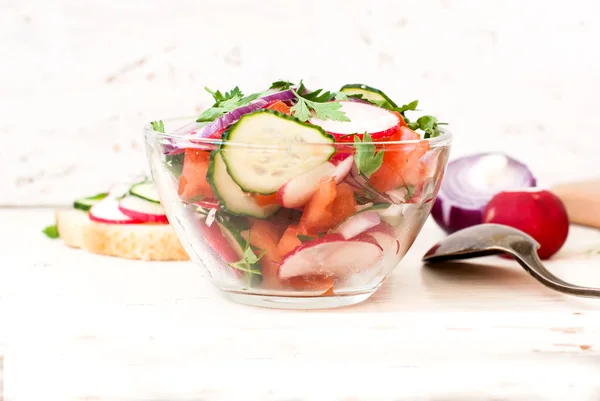 Salada de primavera com rabanetes, pepino, repolho e cebola close-up — Fotografia de Stock