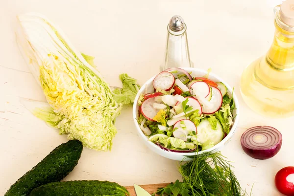Frühlingssalat mit Radieschen, Gurken, Kohl und Zwiebeln in Nahaufnahme — Stockfoto