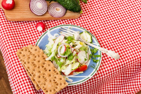 Salada de primavera com rabanetes, pepino, repolho e cebola close-up — Fotografia de Stock
