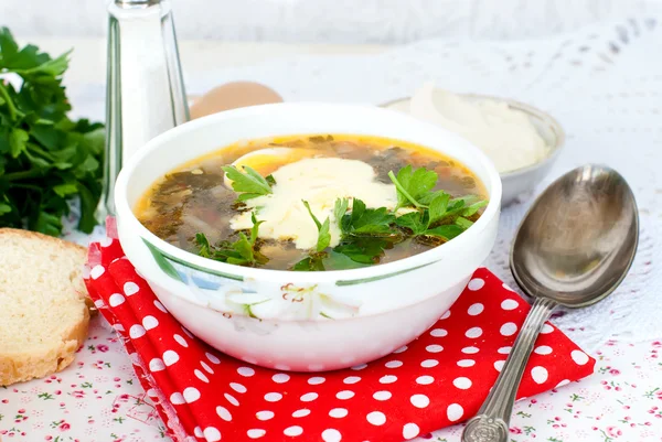 Зеленый суп с яйцом в тарелке — стоковое фото