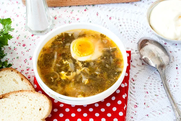 Sauerampfersuppe mit Ei im Teller — Stockfoto