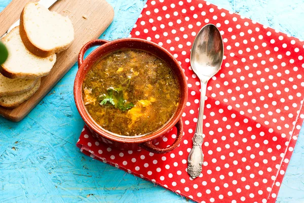 Groene zuring soep met ei in plaat — Stockfoto
