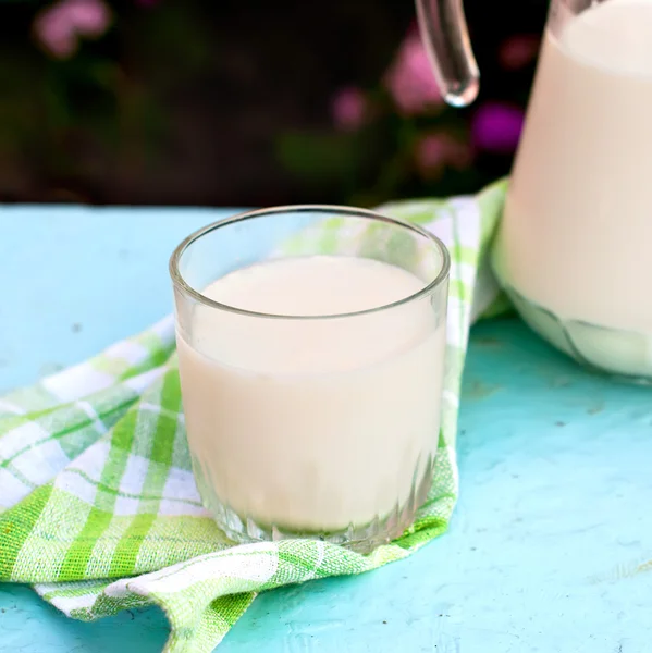 Vaso de leche y una jarra de leche — Foto de Stock