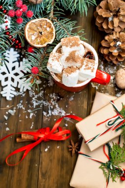 fincan kakao marshmallows ve bir arka plan üzerine kakao tozu