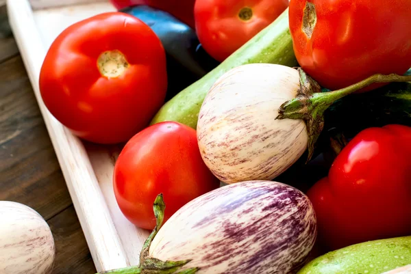 Hortalizas frescas - tomates, pimiento, berenjenas blancas, calabacín — Foto de Stock