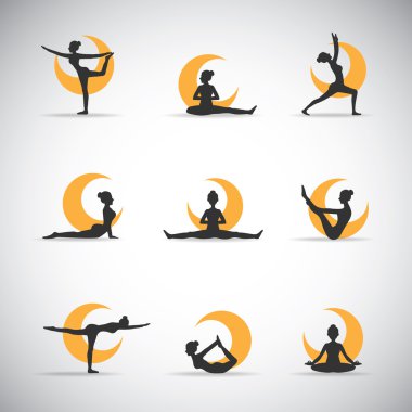 9 vektör yoga siluetleri moon ile poz