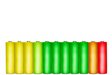 Ekolayzır şeklinde renklendirilmiş bir pil sırasının görüntüsü. beyaz arkaplanda izole.
