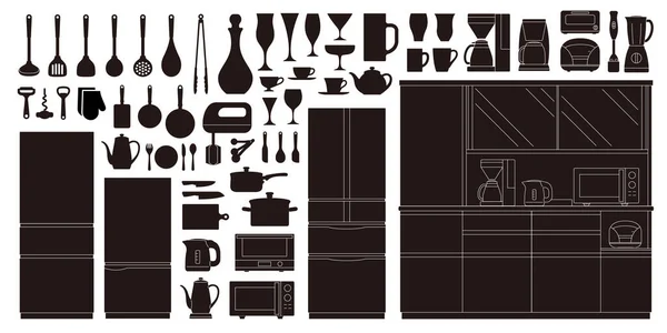 Cookware Tableware Kitchen Silhouette Icon Set — Stock Vector