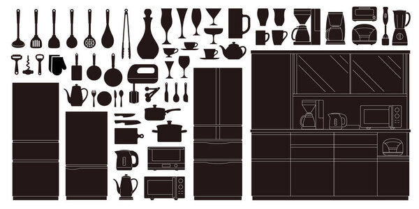 Cookware, tableware. Kitchen silhouette icon set.