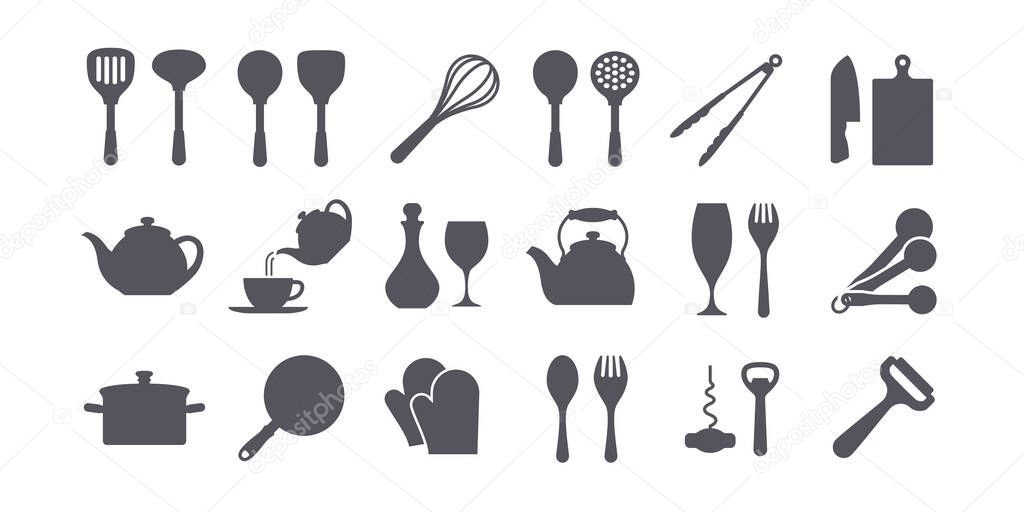 Cookware, tableware. silhouette kitchen icon set.