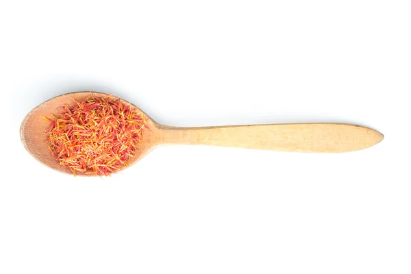 Aromatic saffron spice on wooden spoon. Top view point. — Stock Photo, Image