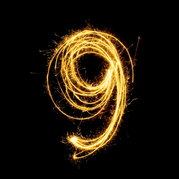 Sparkler vuurwerk licht alfabet nummer 9. — Stockfoto