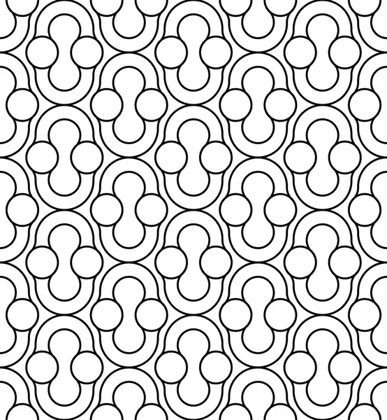 Zwart-wit geometrische naadloze patroon met golvende lijn en cirkel, abstracte achtergrond. — Stockvector