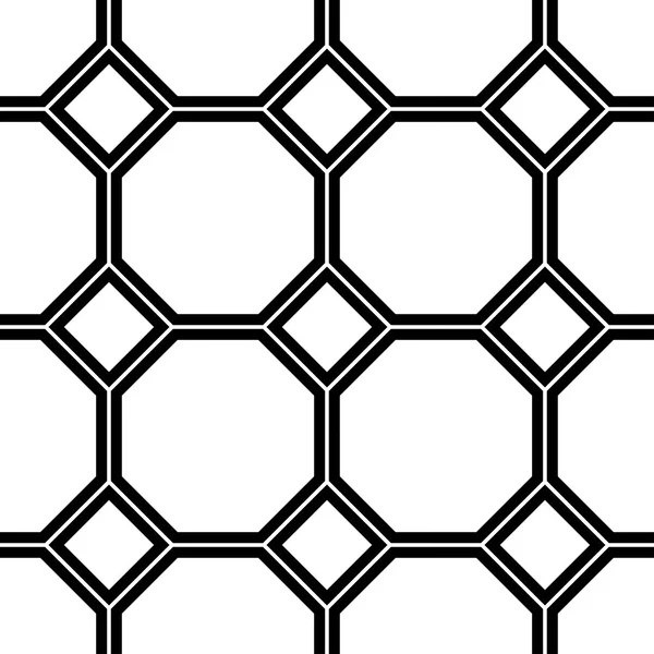 Black and white geometric seamless pattern with line, square and octagon, abstract background. — Stock Vector