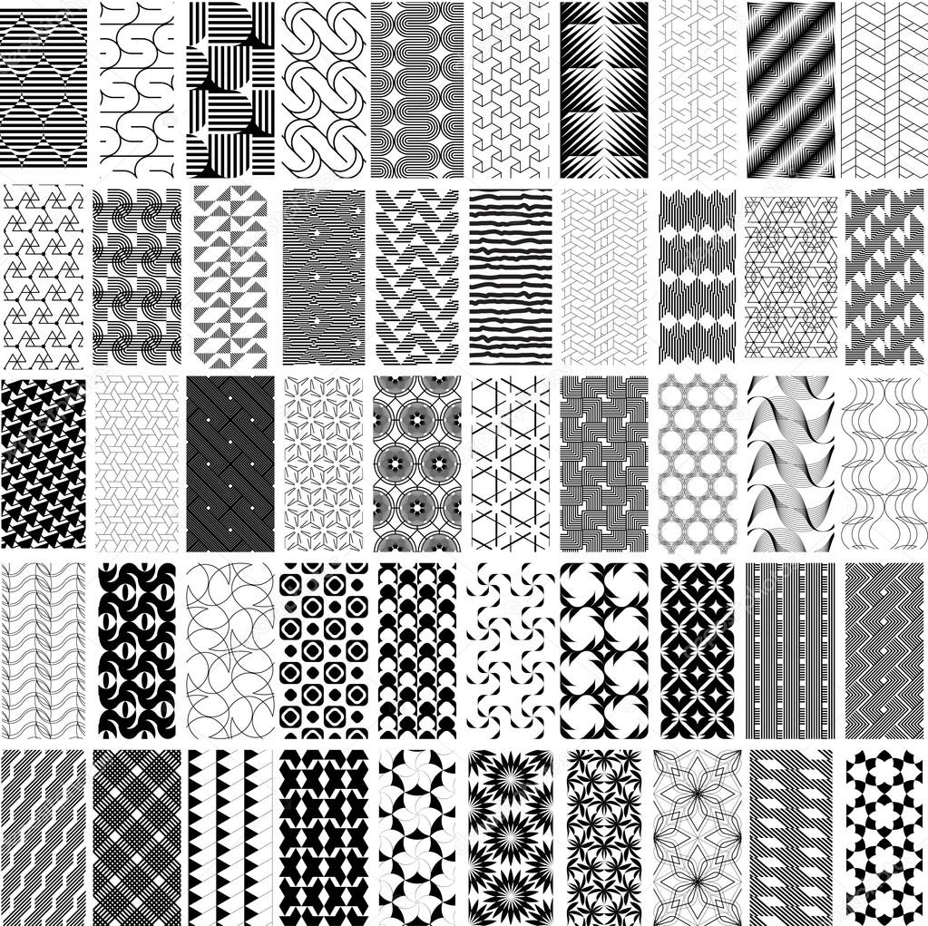 50 black and white geometric seamless pattern set.