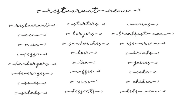 MENU. Définir les éléments de menu Redémarrer. Calligraphie continue ligne script mots de menu. — Image vectorielle