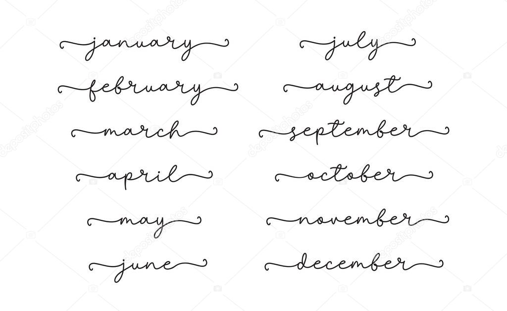 Month, calendar set of continuous line cursive text. Lettering script vector illustration for year calendar, poster, card, banner, invitations. Hand drawn month names.
