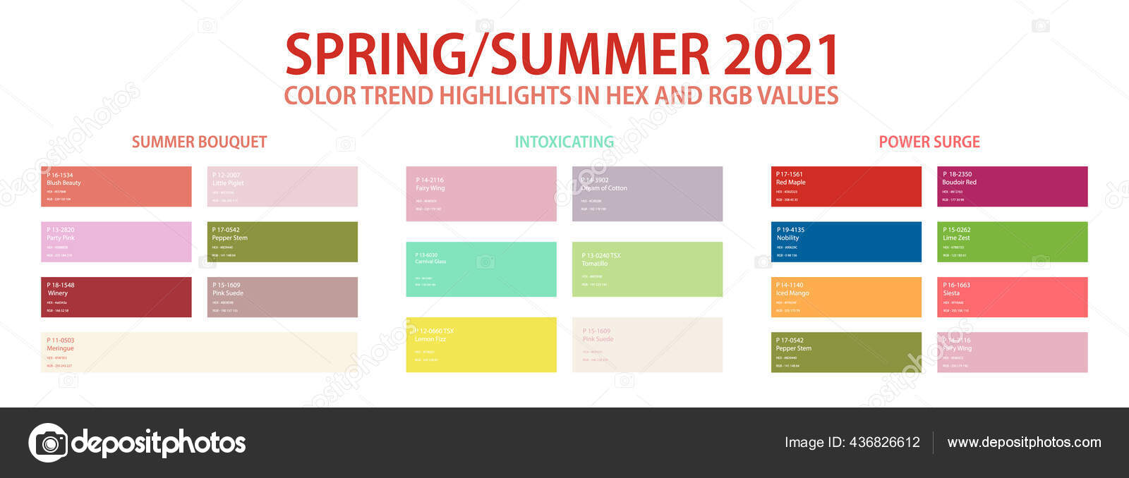 Color Palette For Spring Summer 2021 In Hex And Rgb Values Vector Image By C Simeonva Vector Stock 436826612