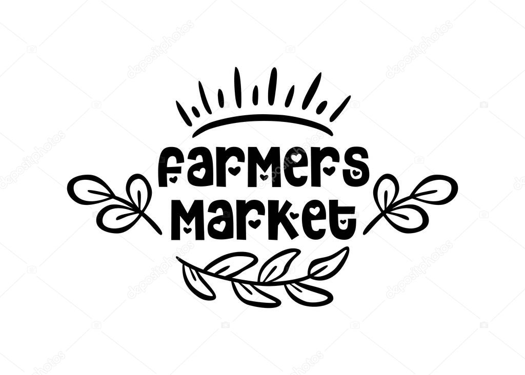 FARMERS MARKET. Vector brush lettering typography - farmers market on a white background. Farm market natural organic product brand sign symbol. Hand drawn logo, doodles badges, icon, label.