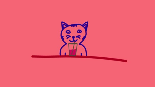 Funny Animation Cat Drinking Fresh Juice Straw Cartoon Stop Motion — Stock Video