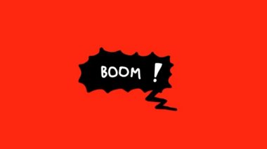 Bum! El yapımı komik konuşma baloncuğunun patlayan animasyonu, kırmızı arkaplanda siyah renk. Pop sanat tarzı.