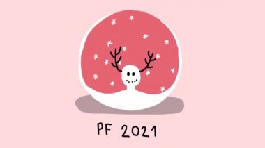 PF 2021. Geyik kardan adam ve kar tanelerinin düştüğü pembe karlı kırmızı yeni yıl kartı. El çizimi resimli dur hareketi canlandırması.