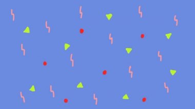 Retro renkli soyut arkaplan desen tasarımı. 80 'li ve 90' lı yılların pop sanatları. Memphis stili, geometrik şekiller, üçgenler, zikzaklar, noktalar.