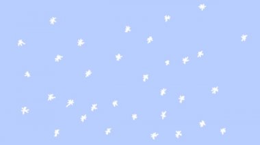 Çizgi filmlerdeki gibi kar taneleri düşüyor. Mavi arkaplanda beyaz kar.