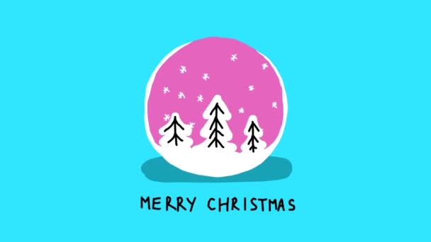 蓝色圣诞贺卡 上面有粉红色的雪花 雪花落在树上 手绘图解停止动作动画 — 图库视频影像
