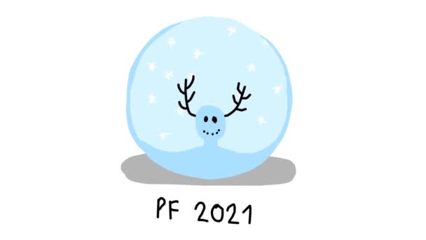 2021 ピンクのスノードロップに鹿の雪だるまとアニメーションの雪の結晶が降ると青の新年カード 手描きストップモーションアニメーション — ストック動画