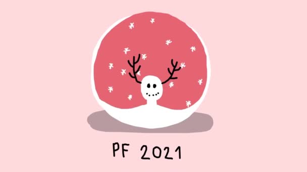 2021 ピンクのスノードロップと鹿の雪だるまとアニメーションの雪の結晶が降ると赤の新年カード 手描きストップモーションアニメーション — ストック動画