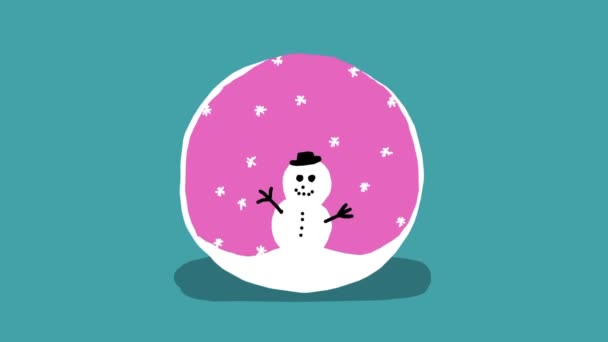 Рожевий Снігопад Щасливим Талісманом Сніговика Всередині Анімовані Сніжинки Падають Рука — стокове відео