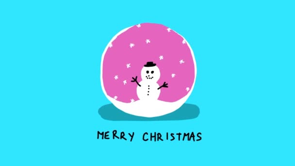 Καλά Χριστούγεννα Κάρτα Ροζ Πτώση Χιονιού Και Χαρούμενη Μασκότ Χιονάνθρωπος — Αρχείο Βίντεο