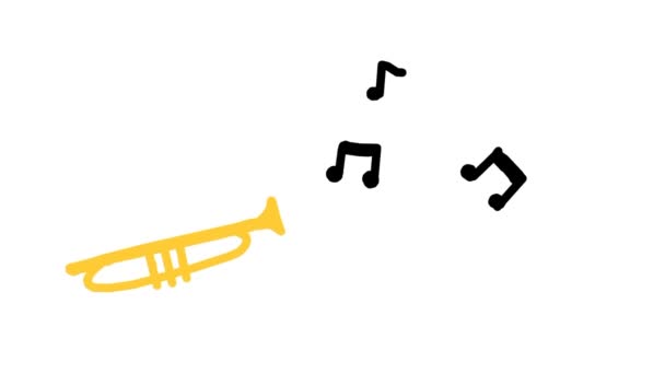Handritad Trumpet Som Sänder Noter Tecknad Musik Animation — Stockvideo