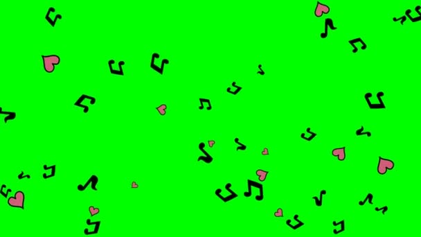 Music Notes Hearts Floating Green Screen Chroma Key Background Cartoon — Stock Video