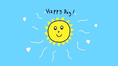 Mutlu bir gün! Güzel çizgi film güneşi parlıyor ve gülümsüyor. Çocuksu animasyon.