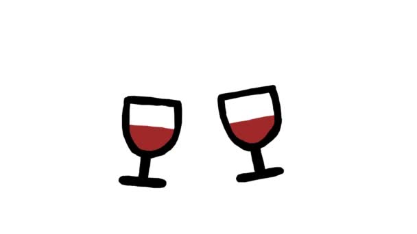 Two Glasses Red Wine Clinking Hand Drawn Cartoon Concept Simple — Stock Video