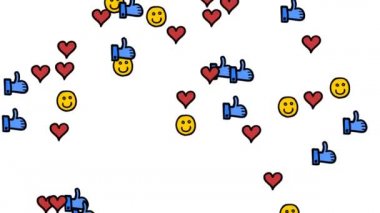 Bir sürü kalp, parmakları havada ve gülümseyen eller. Sosyal ağ elemanları. 4k elle çizilmiş animasyon.