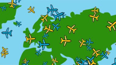 Birçok uçak harita üzerinde rastgele uçuyor, karikatür elementleri. Seyahat konsepti. Uçuş hava trafik radarı. 4K canlandırması.